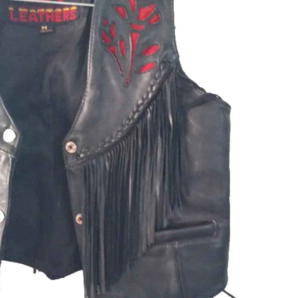 Hot Leathers Womens Fringe Leather Vest M Black Red Rose Lace UP Sides Snaps EUC - Picture 8 of 16